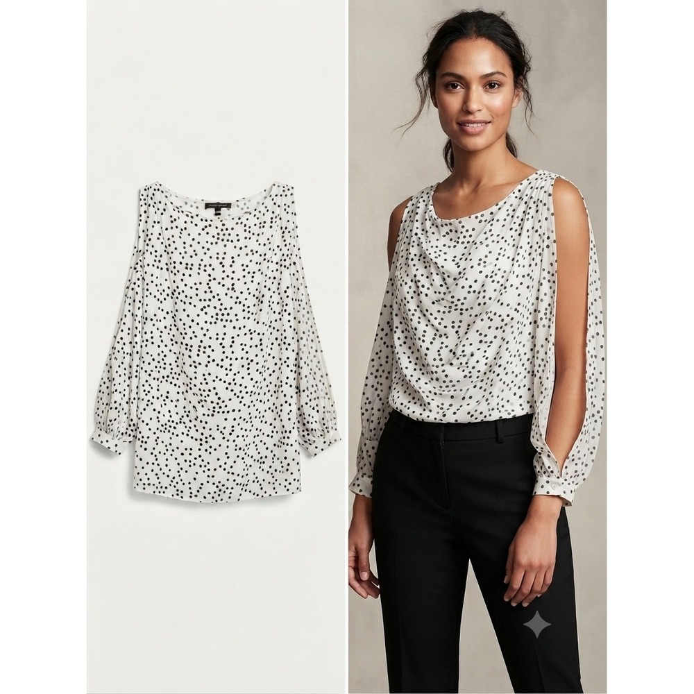Banana Republic Blouse Women L Ivory Polka Dot Cowl Neck Open Slit‎ Sleeve Top
